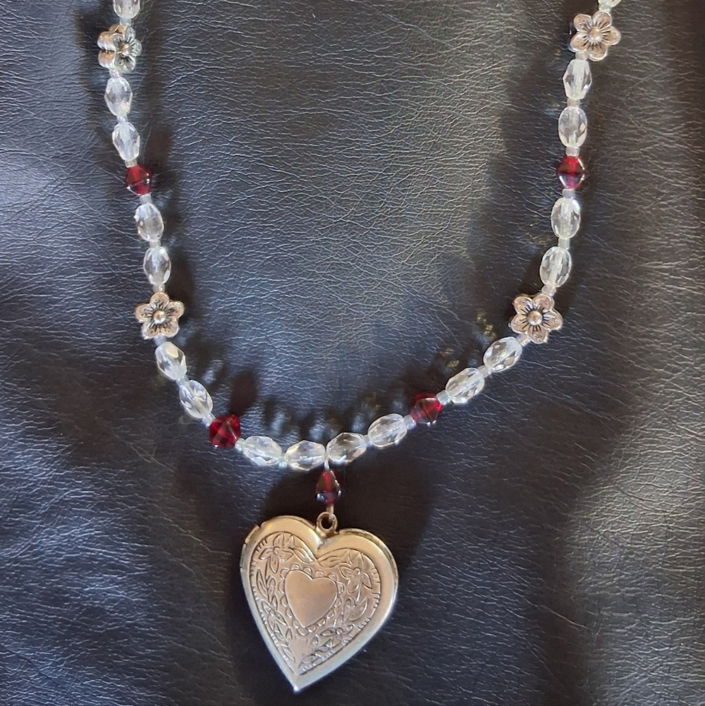Silver Heart Pendant Necklace with Red Accents